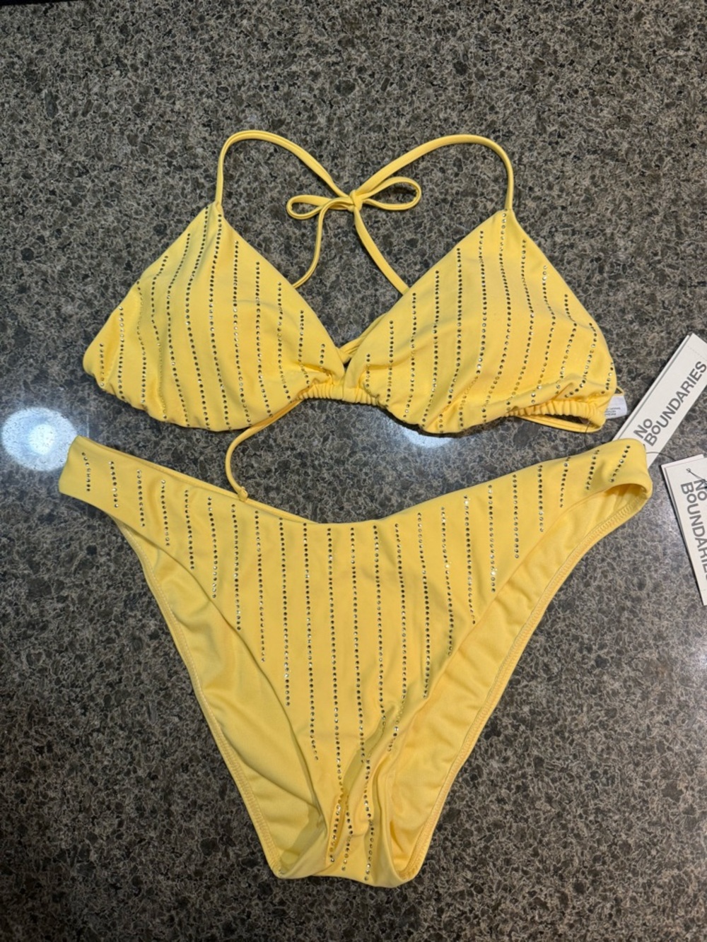 Yellow Rhinestone Stripe Bikini Set